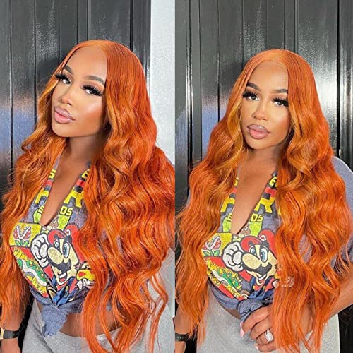 X-TRESS 26'' Ginger Lace Front Wig Body Wavy Hair Synthetic for Women 13x4x1 Natural Long Pre-Plucked Baby Middle Part Orange Replacement Soft Fiber(Ginger)