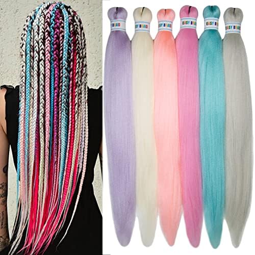 Colored Braiding Hair Pre Stretched Kanekalon Braids Hair Extensions 26inch 6Pcs Knotless Braiding Hair Rainbow Kanekalon Braiding Hair Prestretched
