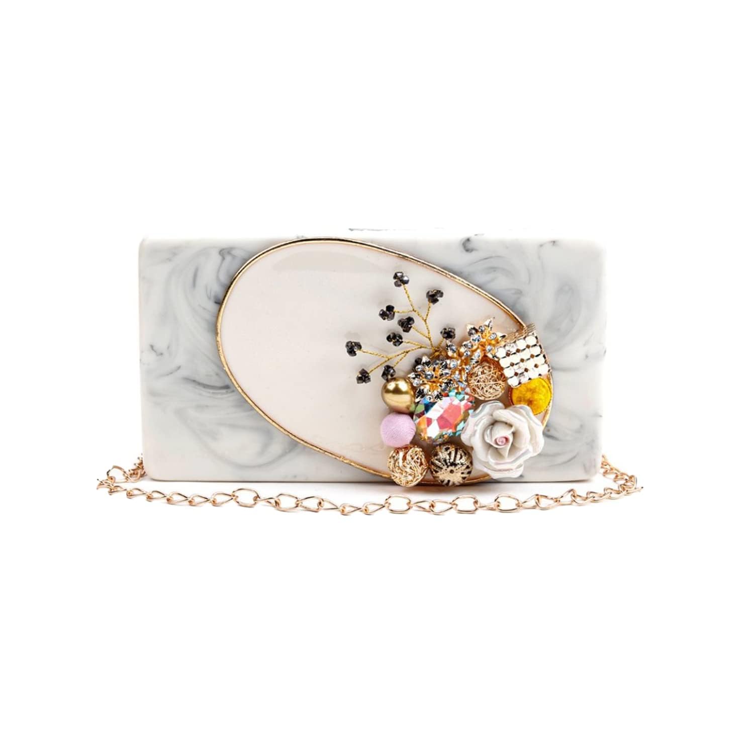 Resin Clutch Bag Stone Hand Bag Acrylic Clutches for Women Shoulder Celebrities Party Clutch Evening Clutch Marble Purse Floral Rhines Clutch - Grey-image-25