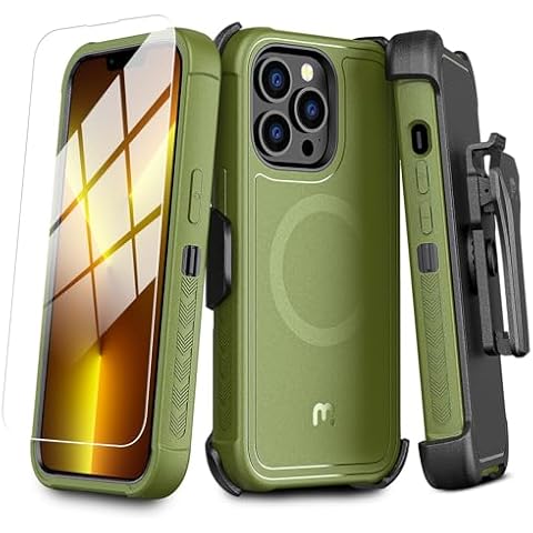 M MYBAT PRO Maverick Series iPhone 13 Pro Case with Belt Clip Holster,w/Screen Protector,Anti-Drop,Shockproof,with 360°Rotating Kickstand,Heavy Duty Protection Army Green Cover