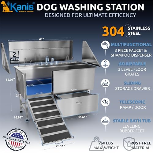 Image of KANIS Professional Dog Washing Station 304 Stainless Steel Pet Wash Sink & Grooming Bathtub w /Shower, Floor Grates and Storage for Large, Medium & Small Pets (Silver, 61 Inches, Left Ramp, 1 Drawer)