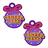 PASTEASE Holiday, New Years & Christmas Pasties - Tinsel Tits Holiday Ornament on Glitter Purple Nipple Covers - Cozy Lingerie Outfit Accessory | Medical Grade, Waterproof, Latex Free & Made in USA