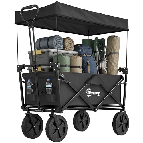 outsunny carrello da giardino 110l con maniglia telescopica e tettuccio, carrello da giardinaggio in acciaio e tessuto oxford, nero