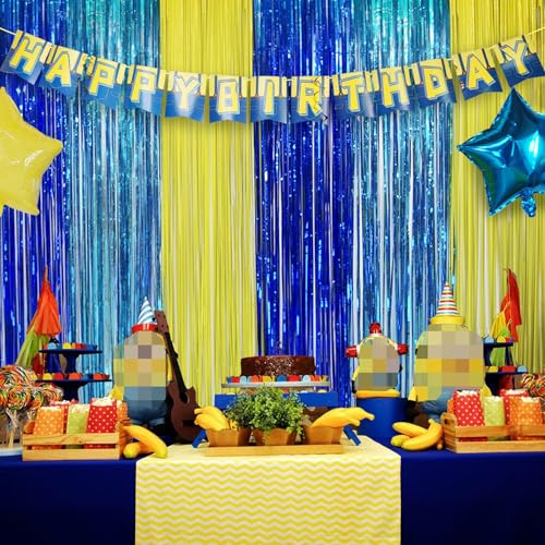 Image of Yellow Jeans Cartoon Themed Birthday Party Decoration, 4 Pack Big Eyes Party Photo Booth Prop, Yellow Jeans Fringe Curtains Tinsel Photo Streamers Backdrop for Cartoon Party Supplies