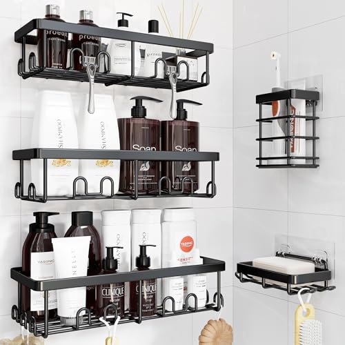 Image of YASONIC Shower Caddy Adhesive, 100% Rustproof Shower Organizer with Soap and Toothbrush Holder, Large Capacity Shower Shelves for Inside Shower, No Drill Shower Storage for Home (5 Pack Black)