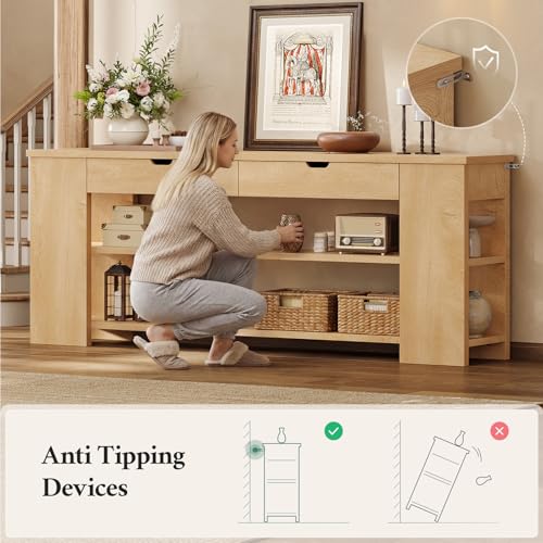Image of 71.8 Inch Extra Long Console Table with Drawers, Farmhouse Long Console Table with Shelves & Built-in Outlets, Entryway Table with Storage for Living Room, Entryway, Hallway, Natural