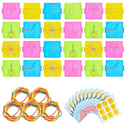 Deekin 24 Pcs Double Sided Geoboard Mathematical Kids Geoboards with Rubber Bands Math Manipulatives Toy for Geometry 6.9 x 6.3 Inches Classroom Back to School