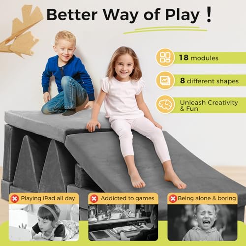 Modular Kids Play Couch 18pcs Toddler Floor Sofa, Sectional Couch for Children Bedroom and Playroom Furniture for Playing, Creativing, Convertible Foam and Floor Cushion for Boys and Girls