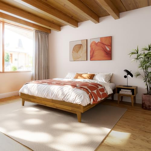 Image of Bme Catherine King Platform Bed Frame, Modern Bed Frame Without Headboard, Wooden Low Profile Bed Frame, Acacia Wood Platform Bed Frame King, No Box Spring Needed, Supports up to 800lbs - Teak Brown