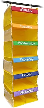 6-Shelf Weekly Hanging Closet Organizer with 6 Side Pockets, School Student Daily Activity Storage Supplies, 43" Hx12 W