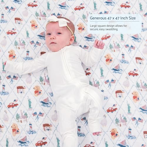 Image of LollyBanks Baby Swaddle Blanket 4th of July, 100% Cotton Neutral Muslin Blankets for Boys and Girls, Breathable 47 x 47 Inches Receiving Blanket, Soft and Lightweight Baby Wrap, Registry (USA Print)
