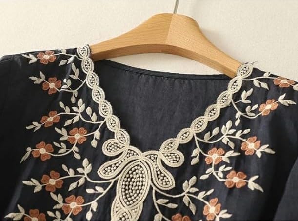 Image of RIEKA Womens Embroidered Korean Style Tunic Top, Floral Thread Work | V Neck | Puff Sleeves | Relaxed Fit Casual | Fusion Rayon Top for Every Day Styling