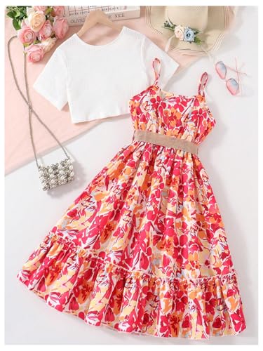 OYOANGLE 2 Piece Outfits Floral Print Cute A Line Cami Dress and Short Sleeve Button Front Top Sets with Belt2
