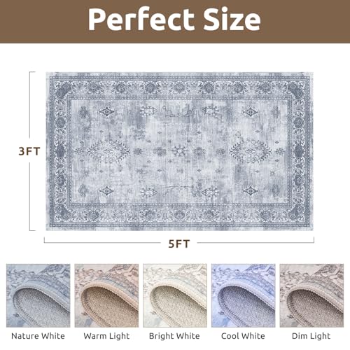AMOAMI-Vintage Area Rug 3x5 Blue Rugs for Living Room-Soft Washable Rug Non Slip Entryway Rug Indoor Vintage Throw Accent for Bedroom Laundry Room Dining Bathroom Bedside
