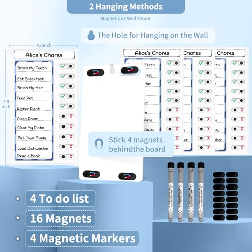 4 Pcs Chore Chart for Kids: Dry Erase My Chores Slider Chart, Magnetic Visual Schedule for Fridge, Kids Daily Checklist - ADHD Tools: to Do List and Routine Chart for Multiple Kids (Blue 4-Pack) - Image 5