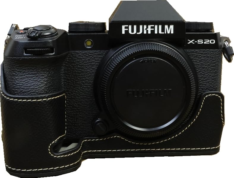 BMAOLLONGB X-S20 Case, Handmade PU Leather Half Camera Case Bag Cover Bottom Opening Version for Fujifilm X-S20 XS20 With Hand Strap (Black-B)