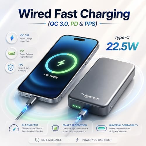 Image of Nextech Mag-Safe Magnetic Wireless Power Bank 10000mAh | 22.5W Fast Charging PD Type C | 15W Powerbank for iPhone & Android | Compact Slim Portable Charger with LED Indicator - Metallic Grey