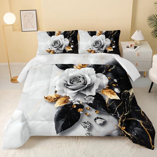 Image of QOOMO 3Pcs Flower Print Comforter Set Full Size,Cartoon Plants Bedding Set for Teens Boys Girls,Black White Comforter with 2 Pillowcases,Soft and Lightweight