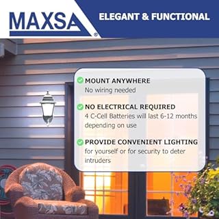 Maxsa 44219 Premium Wireless Battery-Powered Motion-Activated Decorative Outdoor Wall Sconce Lighting Fixture, Cool White LED, Metal Housing, Black