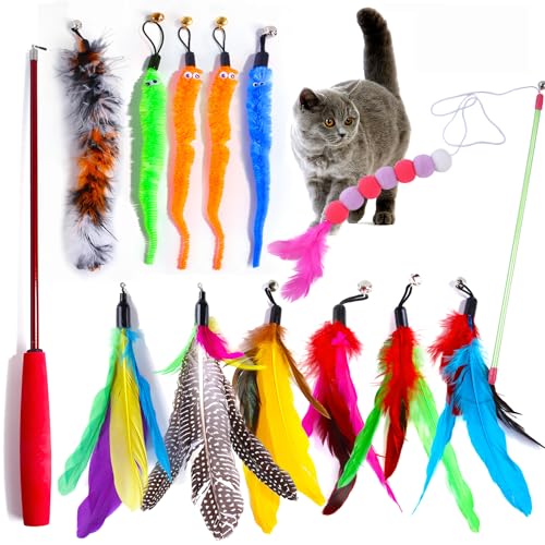 Tacitmeet Lot Jouet Chat Plume12 PCS, Canne à Peche Chat Rétractable, 10 Jouet à Plumes pour Chats de Remplacement avec Cloche, Jeux Chat Appartement,...