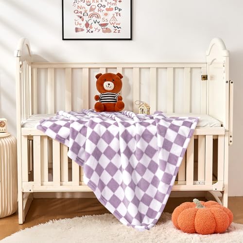 Image of Yurhap Checkered Baby Blanket Fleece Baby Blankets for Girls, Ultra Soft Cozy Fluffy Infant Toddler Newborn Receiving Blankets for Crib Stroller, 30''x40'', Purple
