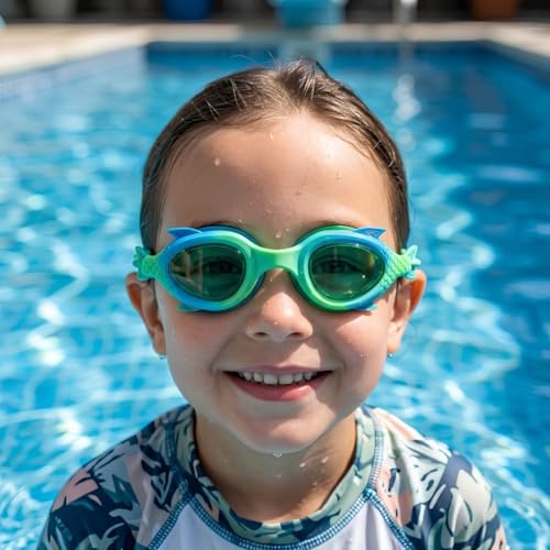 Image of First Lens Kids Swimming Goggle Mermaid Designed with Fish Tail Cap for Boys & Girls | AntiFog | UV Protection | Durable | Age 3 to 8 - Blue Light Green