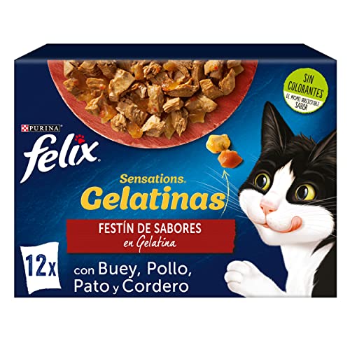 FELIX Sensations, Comida Húmeda para Gato Adulto, Gelatina, Surtido de Buey, Pollo, Pato y Cordero, 6 Packs de 12 Sobres de 85 g. (72 Sobres)