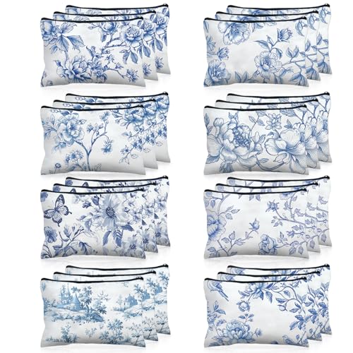 24 Pcs Floral Cosmetic Bags Bulk for Women Blue and White Floral Makeup Bags Chinoiserie Canvas Travel Zipper Pouches Aesthetic Toiletry Bag for Girls Women Bridesmaids Wedding Supplies