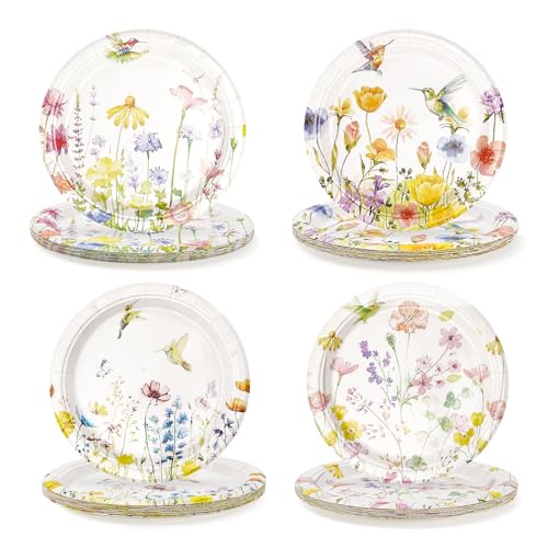 Cangmyxis 40 PCS Spring Floral Paper Plates - 7 Inch Disposable Dessert Plates with 4 Cute Bird & Wildflower Designs Plates for Baby Shower, Birthday, Garden Party & Spring Decorations