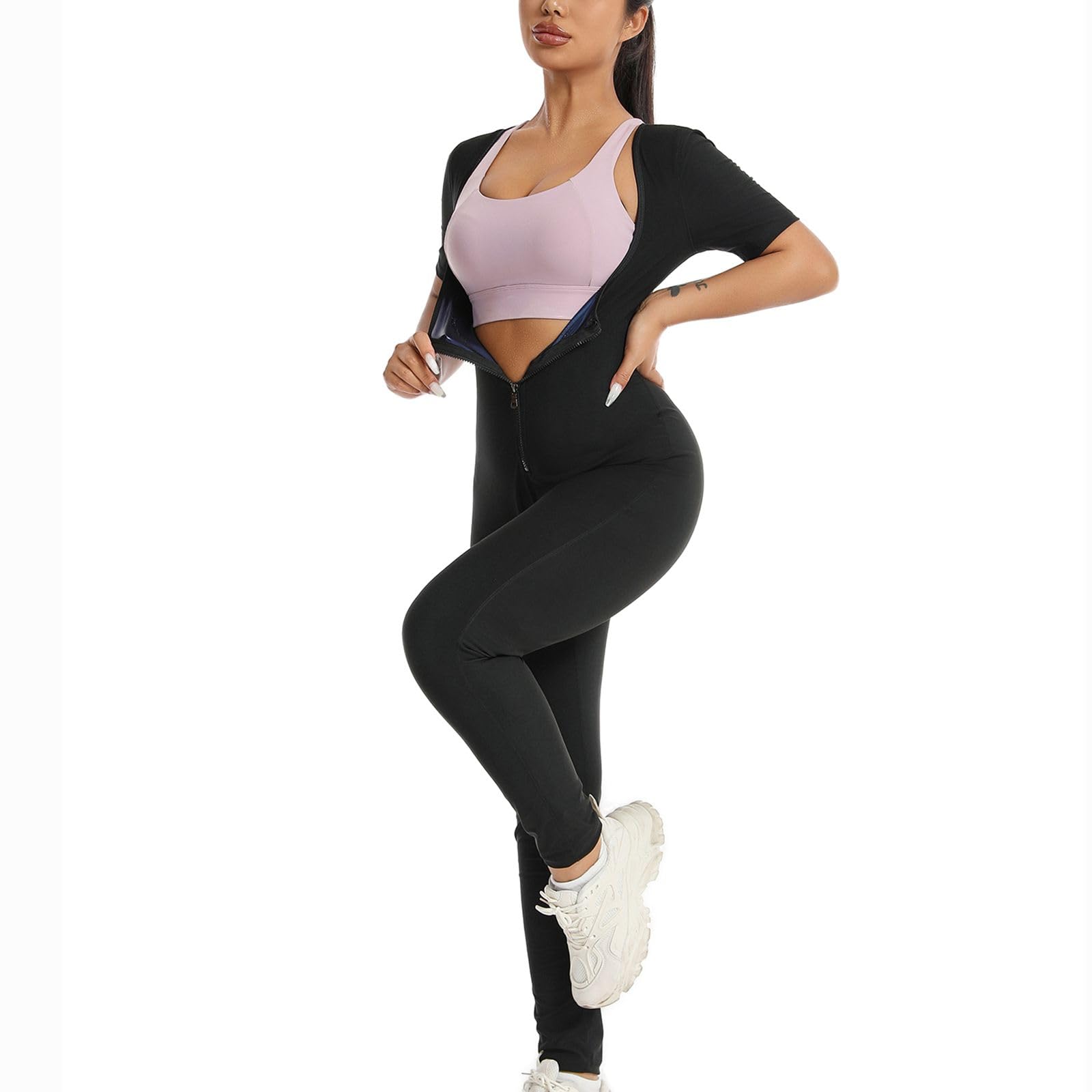 Hotfiary Sauna Suit for Women, Full Body Sweat Jumpsuit for Weight Loss, 4 IN 1 Slimming Body Shaper Waist Trainer Workout Vest for Belly Fat, Short/Long Sleeve Sauna Bodysuit for Gym Exercise Running