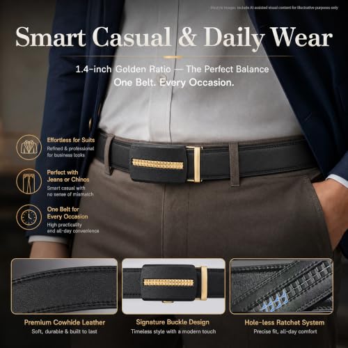 Image of JINIU Men's Ratchet Belt Buckle, Black Genuine Leather Slide Belt for Men Dress Suit, Micro Adjustable Trim to Fit Boxed