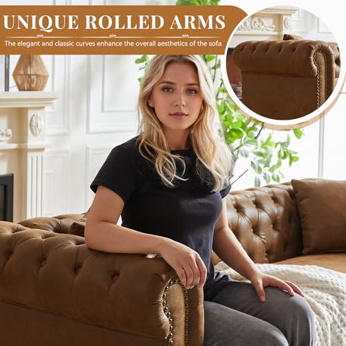 Image of Modern Chesterfield Sofa Couch, 85.5-inch Faux Leather 3-Seater Sofa with Rolled Arms and Tufted Button for Living Room, Office, Brown