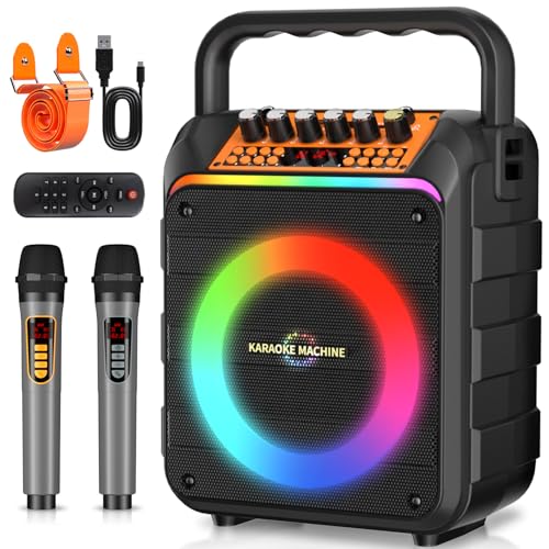 Image of Karaoke Machine with 2 Wireless Microphones, Portable Bluetooth Speaker with Bass /Treble Adjustment, PA System with Remote Control, LED Light, Support REC /FM /AUX /USB /TF for Home Party, Orange