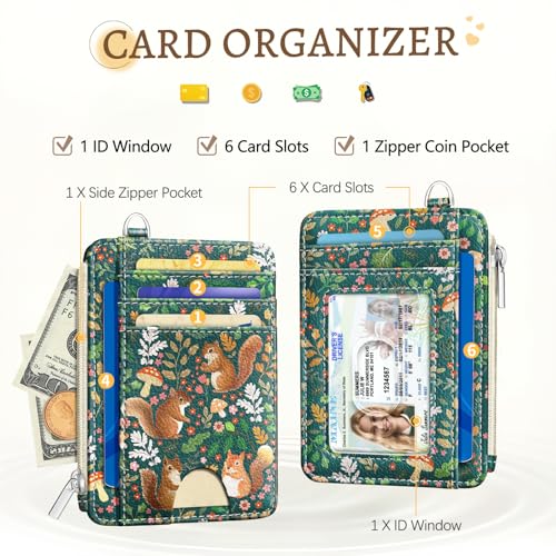 Image of Kelvoris Cute Squirrels Credit Card Holder Small Wallet Women, Slim RFID | Keychain, Zipper Coin Pocket, Front Pocket Thin Travel Card Case, Minimalist, 6 Card Slots, 1 ID Window, Ladies Gifts Woman