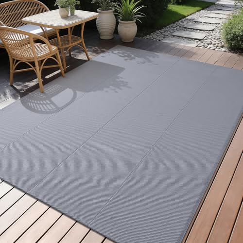 smiry Outdoor Teppich Wetterfest, rutschfest Leicht Küchenteppich aus Polypropylen, Faltbar Wendbar Waschbar Einfarbig Outdoorteppich für Terrasse, Garten, Balkon, 120X180 cm, Grau