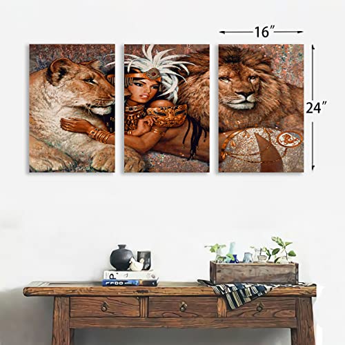 Large Wall Art Lion And African Woman Portrait Wall Art Painting Pictures Print 3 Pieces Canvas Animal For Bedroom Living Room Office Wall Decor Home Decoration Framed Ready To Hang - 16''X24'', 3 Panel #TOP1