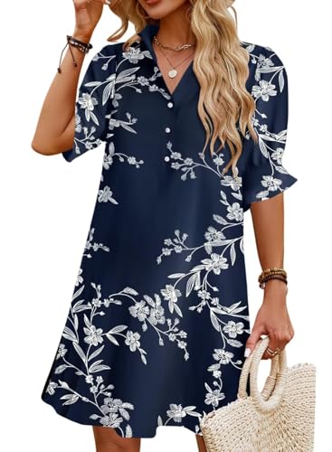 Image of Womens Summer Shirt Dress 2026 Casual Ruffle Short Sleeve Button Down Flowy Swing Shift Mini Dresses with Pockets