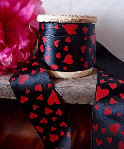 1.5" Flock Heart Satin Ribbon Love Valentine 25 Yard Roll (White Satin Black Red)