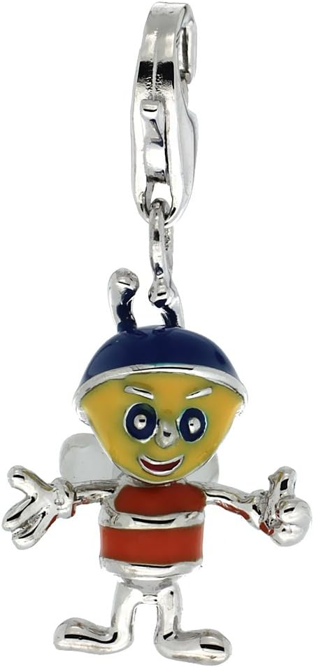 Sterling Silver Enamel Multicolor Boy Bee Charm with Lobster Clasp for Bracelets Women 13/16 inch