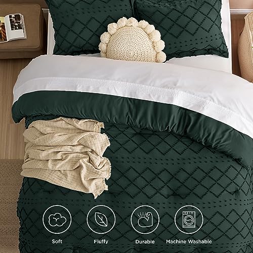Image of Bedsure California King Comforter Set - Forest Green Comforter, Boho Tufted Bedding for Kids, 3 Pieces Farmhouse-Style Bed Set for All Seasons, Fluffy Soft Bedding with 2 Pillow Shams