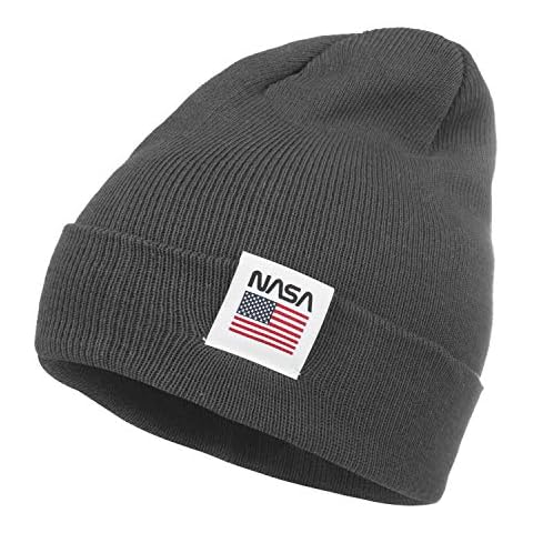 ililily NASA Logo Label 2-Way Soft Beanie Ribbed Knit Slouchy Cotton Hat, Dark Grey Cover
