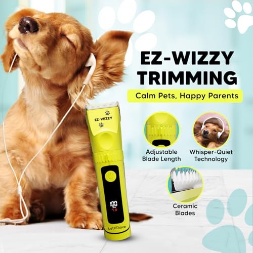 Image of LetsShave EZ-WIZZY Pet Trimmer Pro for Dogs & Cats | Quiet Grooming Clippers | Ceramic Blades | 5-Level Adjustable Blade + 4 Combs | Cordless & Corded | 180 Min Runtime | LED Display | USB-C Charging