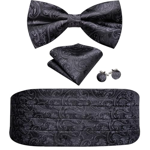Image of YOHOWA Men Cummerbund Bow Tie Set Silk Paisley Formal Pre-Tied Bowtie Pocket Square Cufflinks Wedding Party Prom
