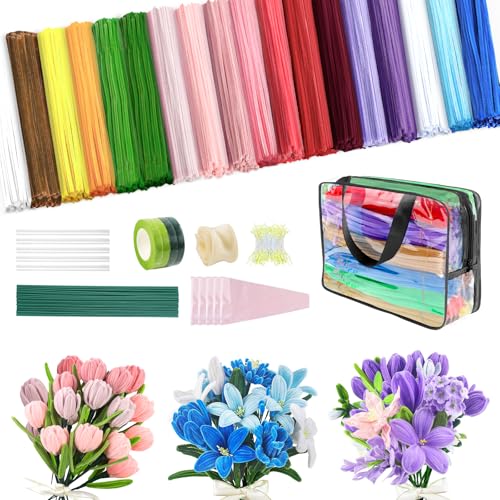Pipe Cleaners Flower 1000 PCS Pipe Cleaners Craft Kit with Handle 18 Colors Chenille Stems with Instruction DIY Pipe Cleaner for Home Arts and Crafts Decorations Supplies