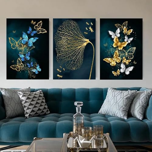 Impression sur toile papillon et arbre doré | Peinture abstraite 3 pièces