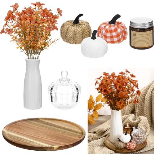 Pinkunn 10 Pcs Fall Wooden Decorative Tray Set with Round Wood Tray Scented Candles Burlap Faux Pumpkin Glass Pumpkin Sugar Bowl Artificial Fake Flowers Vase Autumn Decor Set for Thanksgiving Home