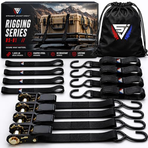 Ratchet Tie Down Straps (4 Pack) - 1 823lb Max Break Strength incl. (4) Heavy Duty 1 x 15 Rachet Tie Downs with Hooks & Handles Best for Moving Securing Cargo by Straight Jacket Crew (Black)