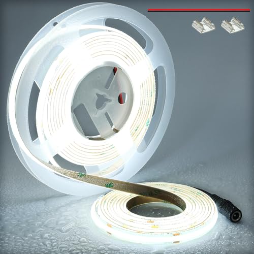 TOPAI COB LED Streifen 5M Kaltweiß Wasserdicht IP65, 24V LED Strip 6000K Aussenbereich, CRI93 Sehr Hell 4000lm LED Band Selbstklebend, 480LEDs/M Flexible Schneidbar für Küche Wohnzimmer