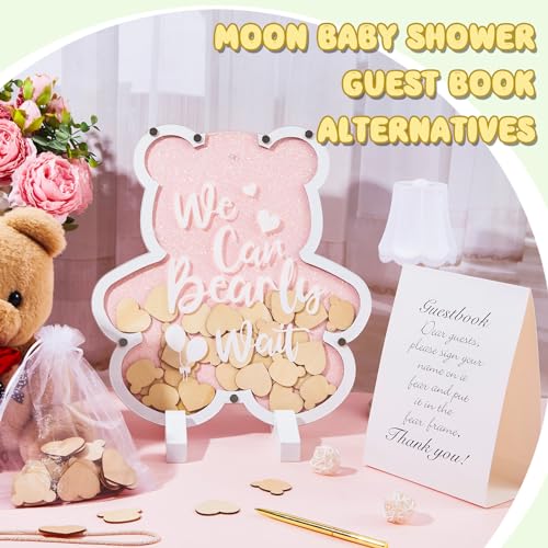 Image of Kosiz We Can Bearly Wait Acrylic Baby Shower Guest Book Alternatives Decorations with Wooden Hearts for 60 Guests Baby Shower Sign Picture Frame Pregnancy Keepsake Edition for Soon to Be Mom (Pink)