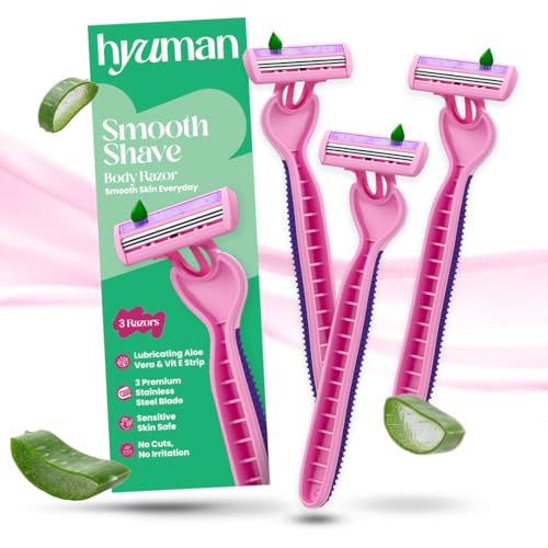 Image of Hyuman Smooth Shave Women Body Razor, Reusable Hair Removal Razor with 3 Stainless Steel Blades, Aloe Vera & Vitamin E Strip, Underarm Shaver for Legs, Arms & Bikini, Pack of 3
